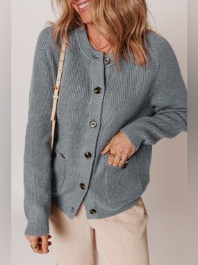 Women’s Gray Ribbed Heavyweight Button-Up Sweater Cardigan, Size XL - NWOT